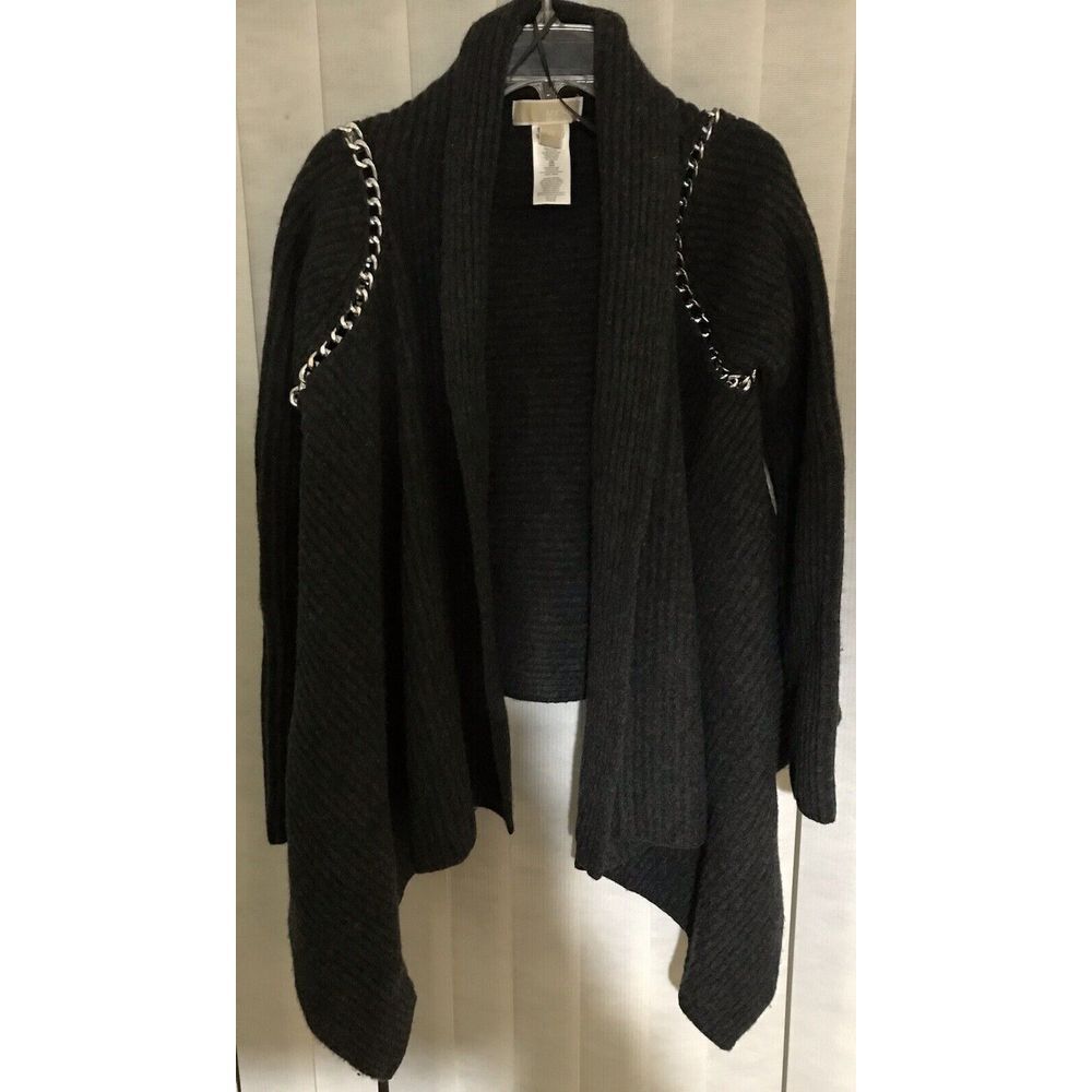 Michael Kors Gray Sweater Cardigan 100% Lamb Wool Silver Chain Long Sleeve XS